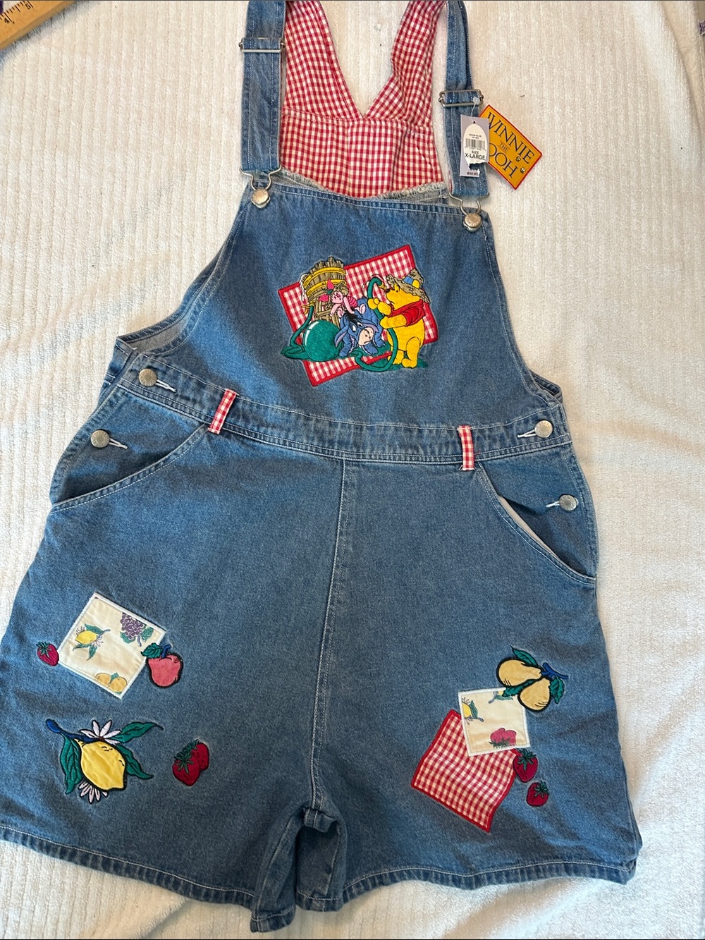 NWT Winnie the Pooh Denim Short Overalls with Picnic Patchwork XL - Picture 3 of 6
